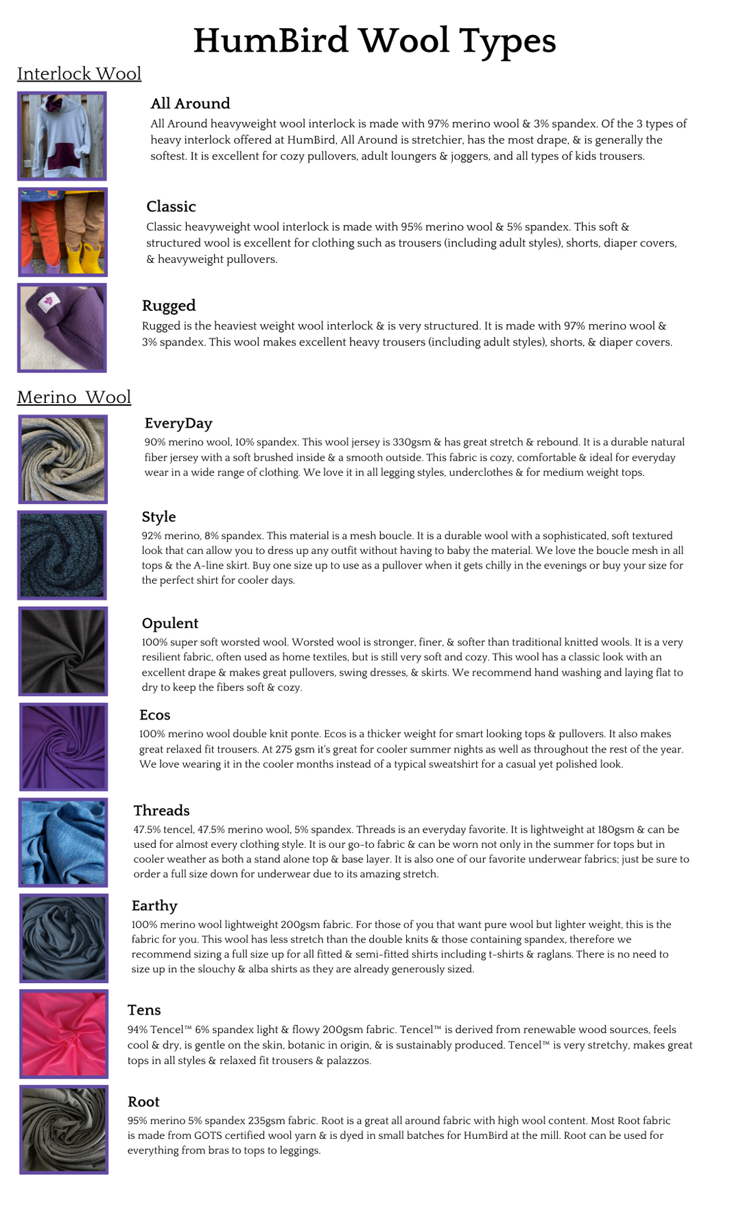 HumBird Fabric Types